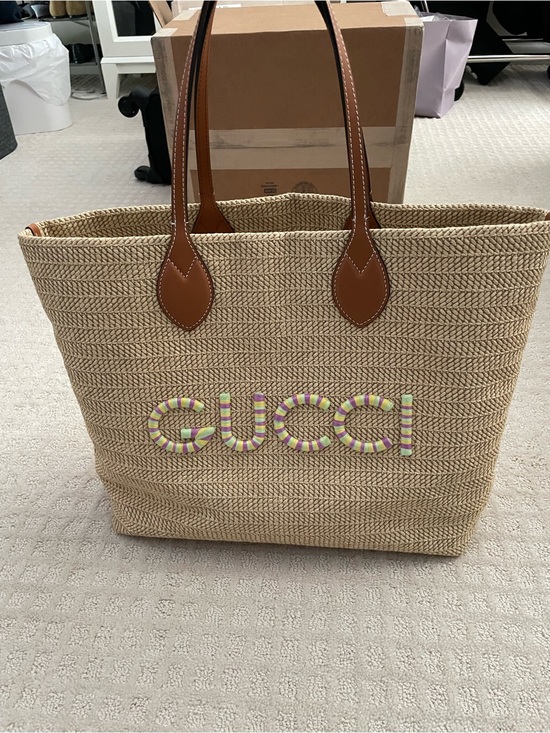 Gucci Handbags - $2300 GUCCI Large Natural Straw Tote w/ Brown Leather Handles & Multicolor Logo